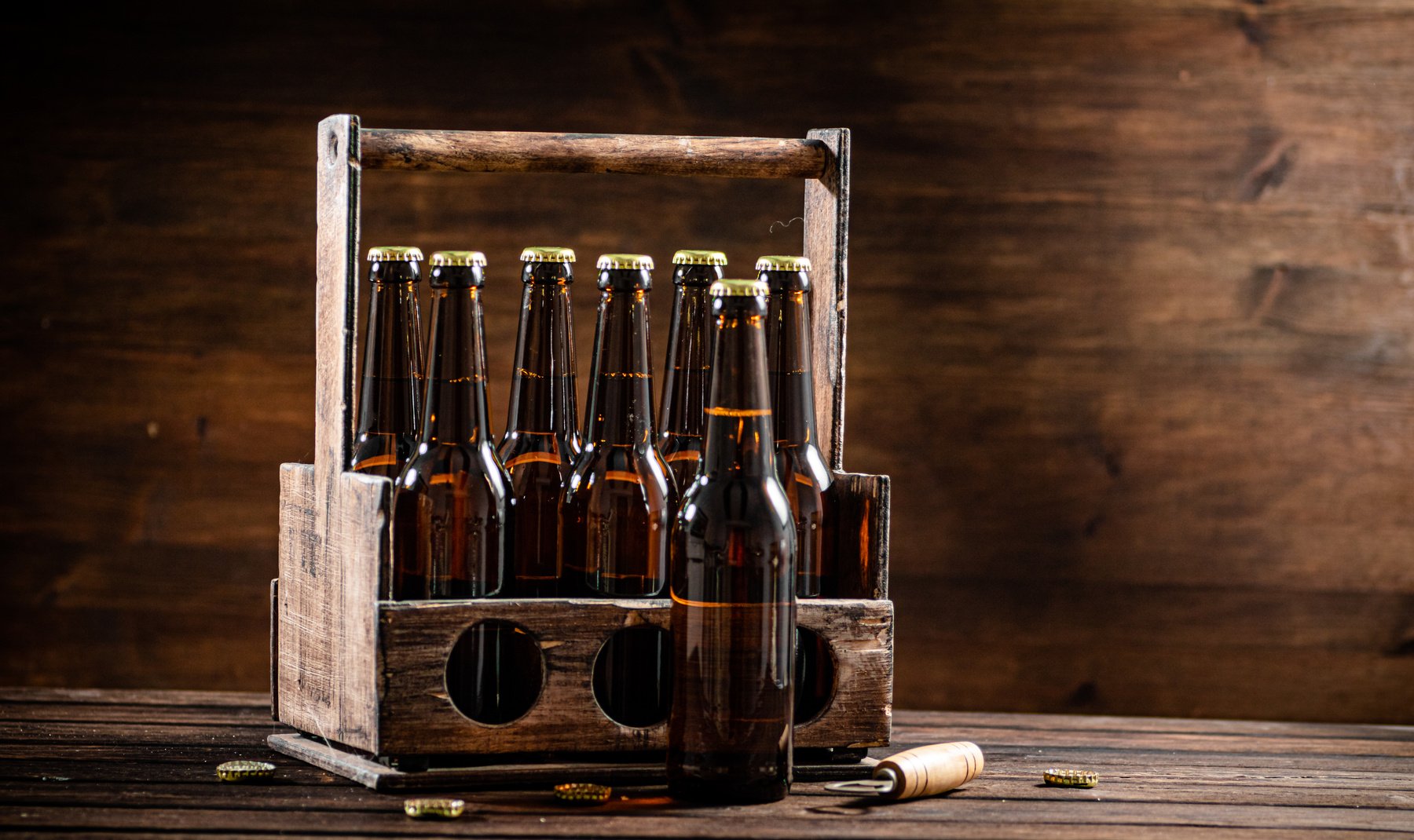 Beer bottles in an old box.